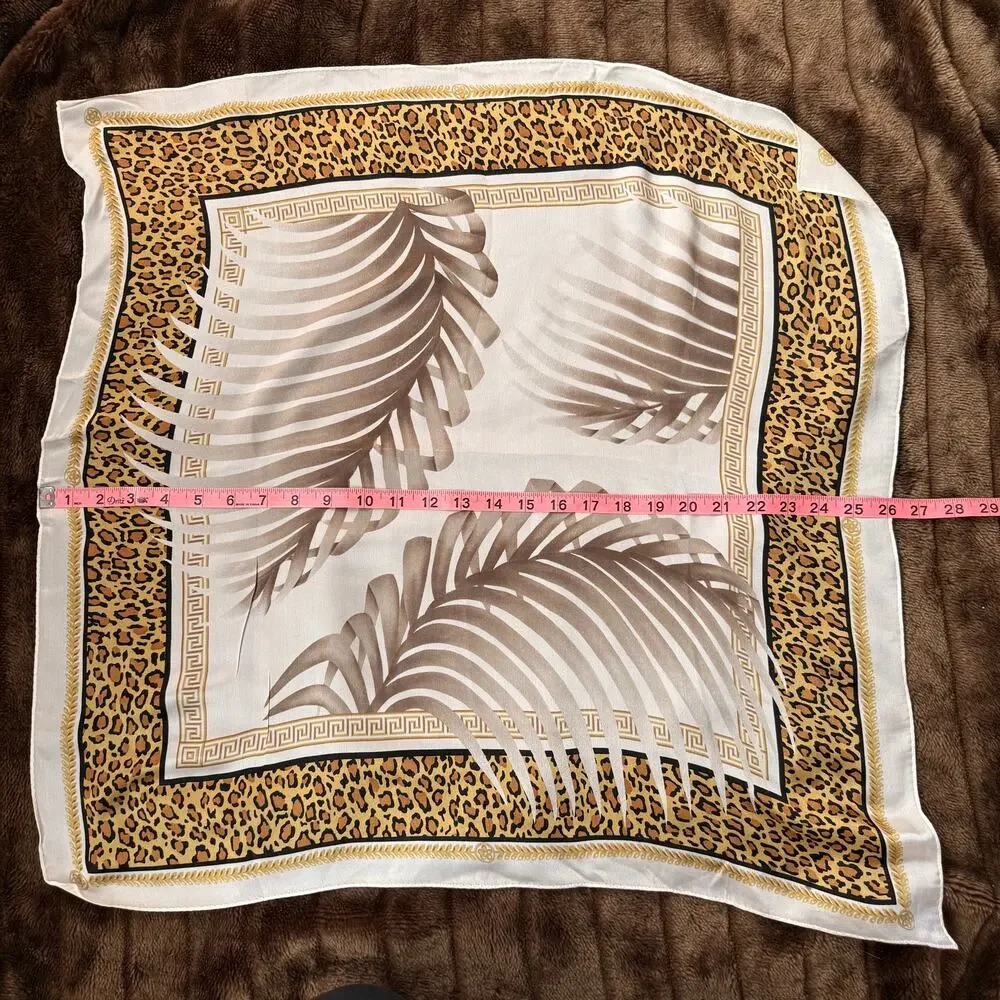 Vintage Elaine Gold Silk Scarf - Leopard Print & Palm Fronds - 26”‎ Neckerchief